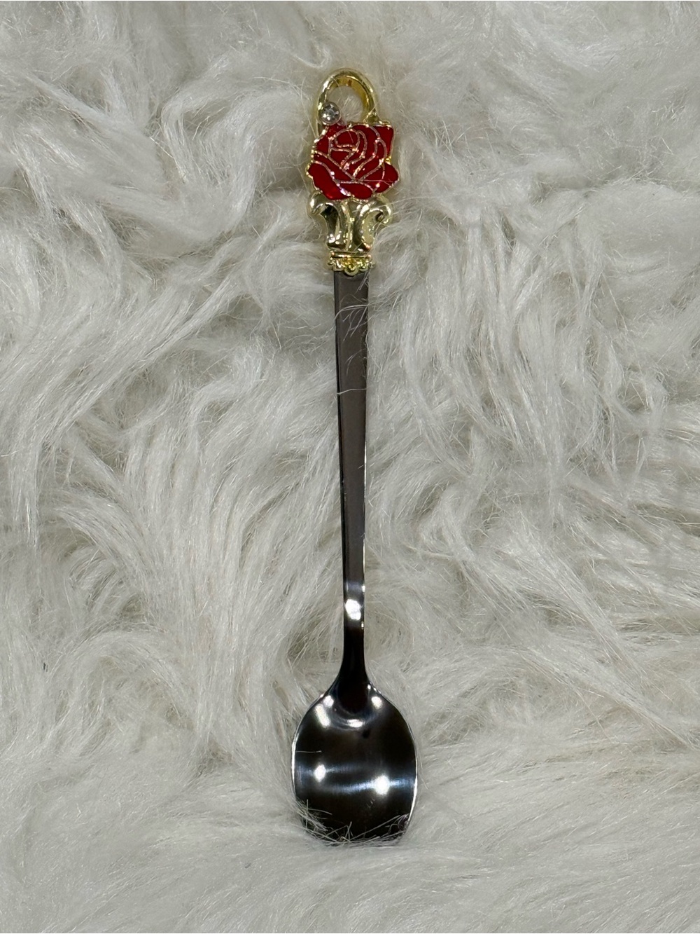 Vintage Red Rose Decorative Iced Tea Souvenir Spoon Gold Silver Tone Enamel